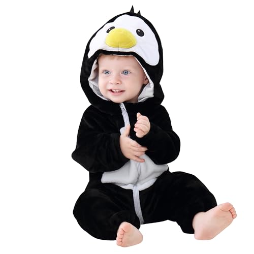 HAHASHOW Baby Winter Spielanzug Schlafanzug Baby Flanell Spielanzug mit Kapuze, Tier Jumpsuit für Junge und Mädchen, 18-24 Monate, Pinguin von HAHASHOW