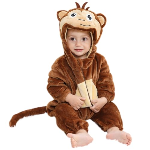 HAHASHOW Baby Winter Spielanzug Schlafanzug Baby Flanell Spielanzug mit Kapuze, Tier Jumpsuit für Junge und Mädchen, 6-12 Monate, AFFE von HAHASHOW
