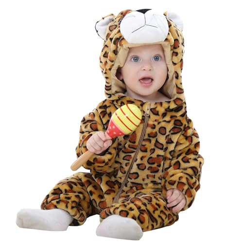 HAHASHOW Baby Winter Spielanzug Schlafanzug Baby Flanell Spielanzug mit Kapuze, Tier Jumpsuit für Junge und Mädchen, 6-12 Monate, Leopard von HAHASHOW