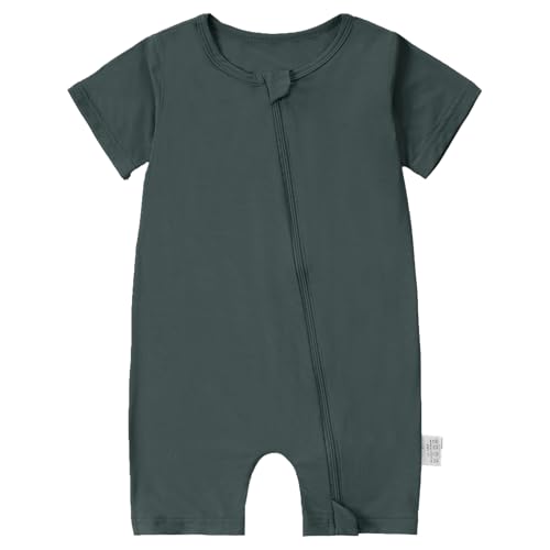 HAHASHOW Bambus Strampler Neugeborene, Sommer Baby Kostüm mit 13 Wege Reißverschluss, Kurze Ärmel Schlafanzug Baby Overall Frühling 3-6 Monate Dunkelgrau von HAHASHOW