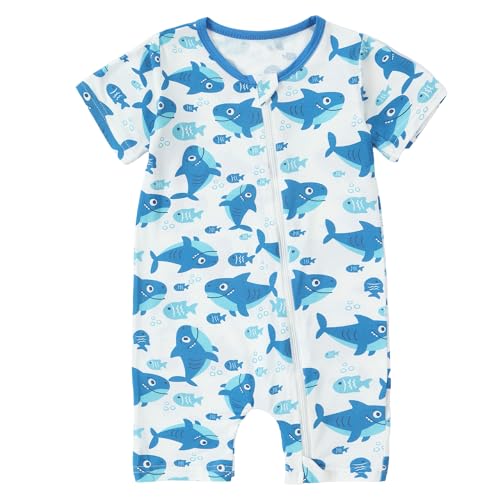 HAHASHOW Bambus Strampler Neugeborene, Sommer Baby Kostüm mit 18 Wege Reißverschluss, Kurze Ärmel Schlafanzug Baby Overall Frühling 12-18 Monate Haimuster von HAHASHOW