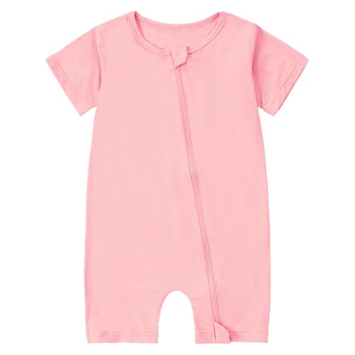 HAHASHOW Bambus Strampler Neugeborene, Sommer Baby Kostüm mit 18 Wege Reißverschluss, Kurze Ärmel Schlafanzug Baby Overall Frühling 18-24 Monate Pink von HAHASHOW