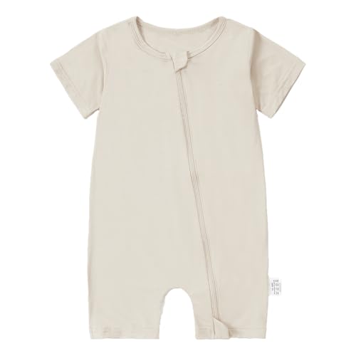 HAHASHOW Bambus Strampler Neugeborene, Sommer Baby Kostüm mit 18 Wege Reißverschluss, Kurze Ärmel Schlafanzug Baby Overall Frühling 3-6 Monate Aprikose von HAHASHOW