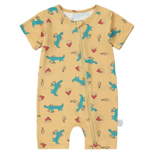 HAHASHOW Bambus Strampler Neugeborene, Sommer Baby Kostüm mit 18 Wege Reißverschluss, Kurze Ärmel Schlafanzug Baby Overall Frühling 3-6 Monate Tierdruck von HAHASHOW