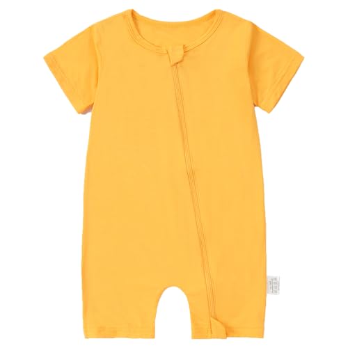HAHASHOW Bambus Strampler Neugeborene, Sommer Baby Kostüm mit 3 Wege Reißverschluss, Kurze Ärmel Schlafanzug Baby Overall Frühling 12-18 Monate Gelb von HAHASHOW
