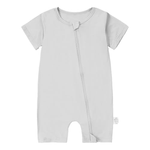 HAHASHOW Bambus Strampler Neugeborene, Sommer Baby Kostüm mit 8 Wege Reißverschluss, Kurze Ärmel Schlafanzug Baby Overall Frühling 3-6 Monate Hellgrau von HAHASHOW