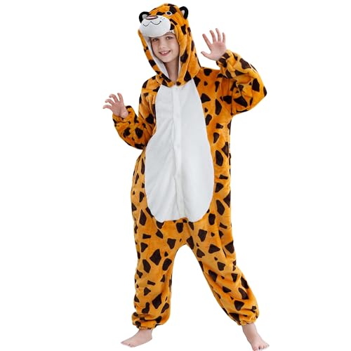 HAHASHOW Kinder Cosplay Jumpsuit, Unisex Pyjama Schlafanzug, Kinder Winter Flanell Strampler für Halloween Party, Jungen Mädchen 5-6Jahre, Leopard von HAHASHOW