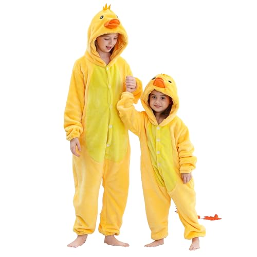 HAHASHOW Kinder Cosplay Jumpsuit, Unisex Pyjama Schlafanzug, Kinder Winter Flanell Strampler für Halloween Party, Jungen Mädchen 9-10Jahre, Ente von HAHASHOW