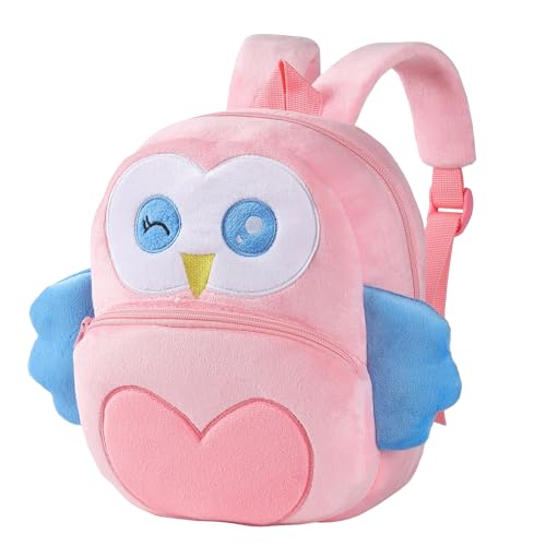 HAHASHOW Kinderrucksack ab 1 Jahr – Niedlicher 3D-Tierrucksack für Kleinkinder (2-4 Jahre), Leichter Kita Rucksack mit weichem Plüsch, Mini-Kindergartentasche für Jungen und Mädchen（Rosa Eule） von HAHASHOW