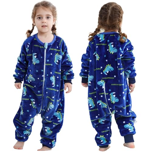 HAHASHOW Schlafsack mit Füßen 2.5 Tog, Flanell Schlafsack Baby Winter, Schlafanzug Baby mit Ärmel, Pyjama Kinder 5-6 Jahre,Blauer Dino von HAHASHOW