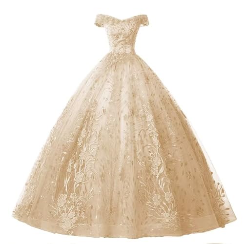 HAIBFJIN Damen Langes Quinceanera Kleid Schulterfreies Tüll Ballkleider Abendkleid mit Spitzenapplikationen von HAIBFJIN