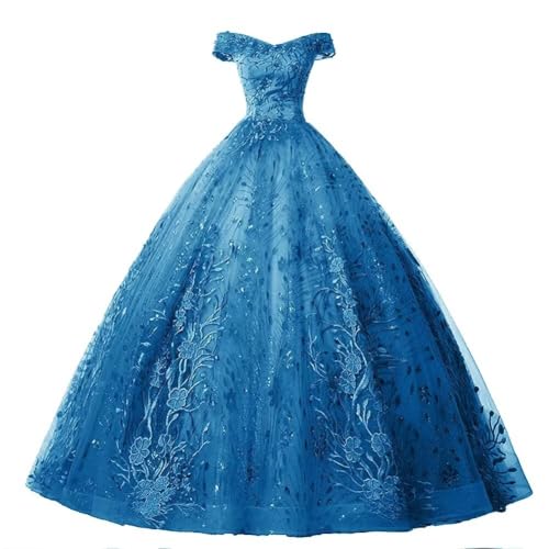 HAIBFJIN Damen Langes Quinceanera Kleid Schulterfreies Tüll Ballkleider Abendkleid mit Spitzenapplikationen von HAIBFJIN