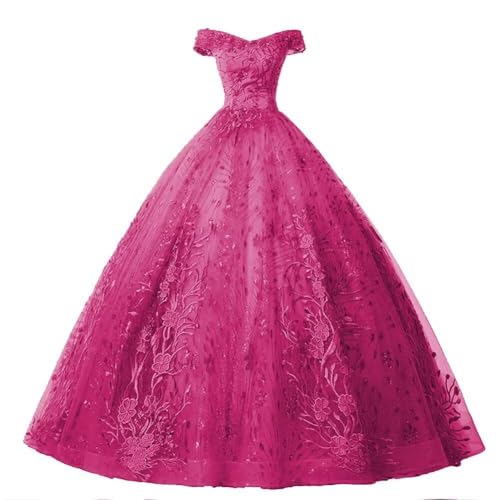 HAIBFJIN Damen Langes Quinceanera Kleid Schulterfreies Tüll Ballkleider Abendkleid mit Spitzenapplikationen von HAIBFJIN