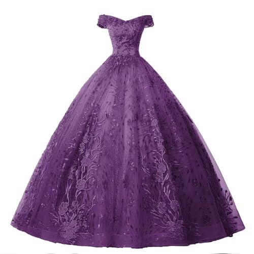 HAIBFJIN Damen Langes Quinceanera Kleid Schulterfreies Tüll Ballkleider Abendkleid mit Spitzenapplikationen von HAIBFJIN