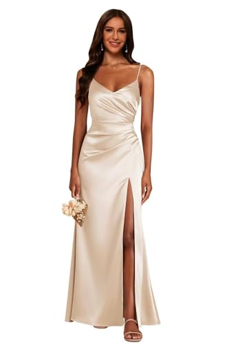 HAIBFJIN Damen Satin Brautkleider mit Schlitz Lange Abendkleider Elegant Schulterfrei Meerjungfrau Ballkleider von HAIBFJIN