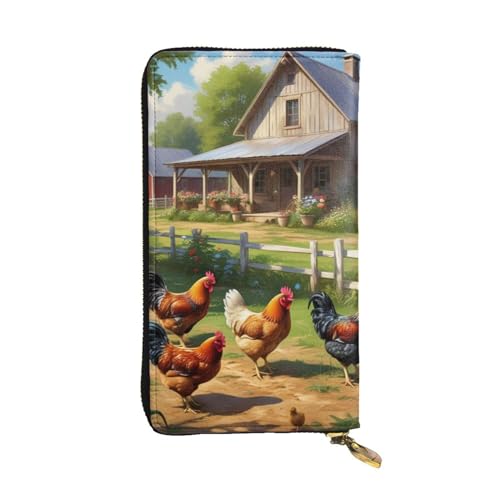 Chickens and Farm Damen-Geldbörse aus Leder, niedliche Clutch, minimalistisch, wasserdicht, Kartenhalter, Clutch-Tasche, Hühner und Bauernhof, Einheitsgröße von HAICOM