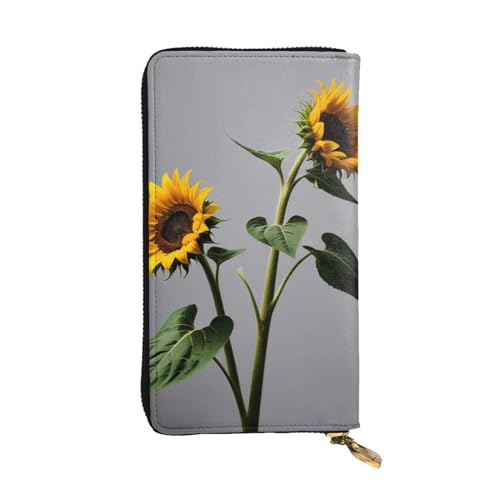 Damen-Geldbörse aus Leder, Motiv: Sonnenblumen, blühende Blumen, Pflanzen, Schwarz und Gelb, niedliche Clutch-Geldbörse für Damen, minimalistisch, wasserdicht, Kartenhalter, Clutch, von HAICOM