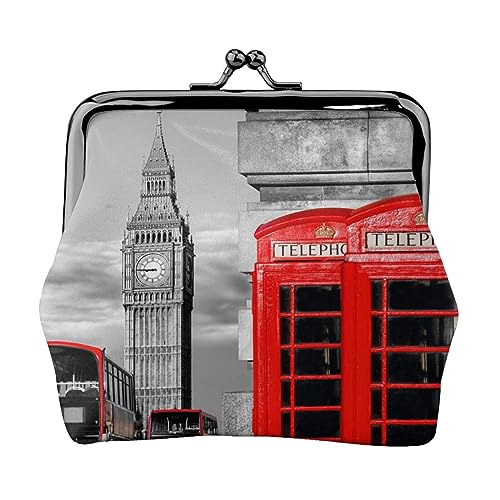 Geldbörse mit Kompass und alter Weltkarte, Leder-Münzgeldbörse für Damen und Herren, persönliche kleine Münztasche, niedliche Münztasche mit Kussschloss, England UK Retro London Telefon, von HAICOM