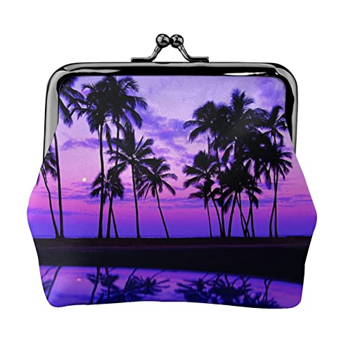 Geldbörse mit rauem Leopardenmuster, Leder-Münzgeldbörse für Damen und Herren, persönliche kleine Münztasche, niedliche Münztasche mit Kussschloss, Palme Purple Sunset, Einheitsgröße, Niedlich von HAICOM