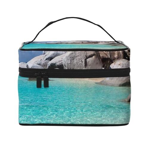 HAICOM BrilliantYAN Make-up-Tasche, groß, bedruckt, Reise-Kosmetiktasche mit Reißverschluss, für Damen und Make-up-Künstler, tragbare, quadratische Tasche, Steine Blue Sea Ocean Sunrise Mountain, von HAICOM