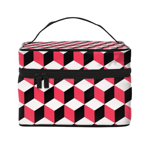 HAICOM Make-up-Tasche, Organizer, große Farbe, Petoskey-Stein, bedruckt, Reise-Kosmetiktasche mit Reißverschluss, für Damen und Make-up-Künstler, tragbare quadratische Tasche, 3D-Rot kariert, von HAICOM