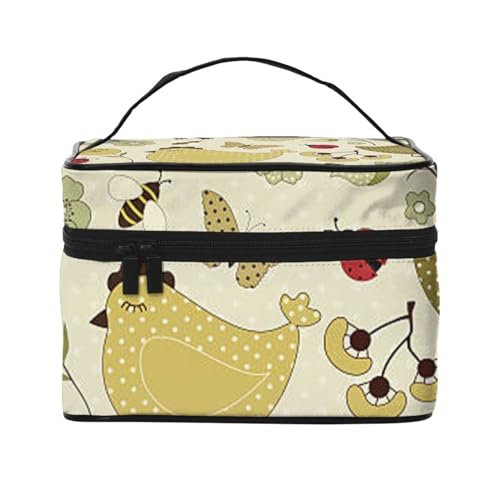 HAICOM Make-up-Tasche, Organizer, große Farbe, Petoskey-Stein, bedruckt, Reise-Kosmetiktasche mit Reißverschluss, für Damen und Make-up-Künstler, tragbare quadratische Tasche, Yellow Leaves Huhn, von HAICOM