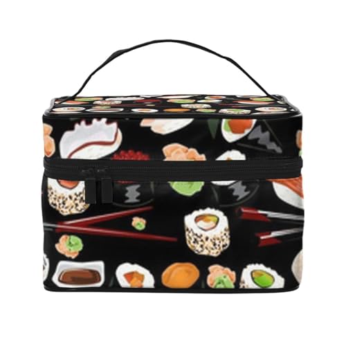 HAICOM Make-up-Tasche, Organizer, große Pride-Flagge, bedruckte Reise-Kosmetiktasche mit Reißverschluss für Frauen und Make-up-Künstler, tragbare quadratische Tasche, Japanisches Sushi schwarz, von HAICOM