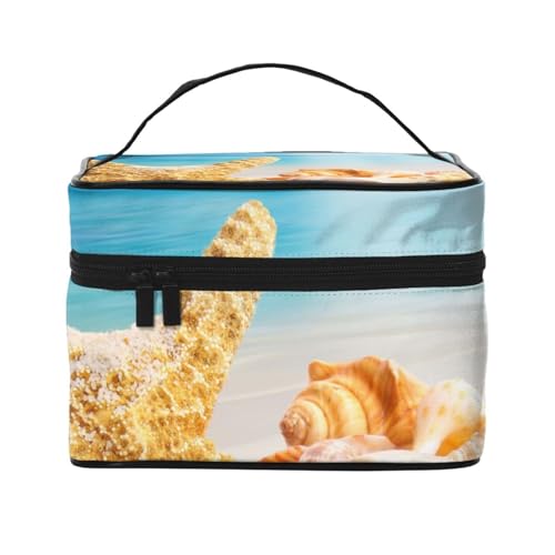 HAICOM Make-up-Tasche, Organizer, große Strandmuscheln, Seestern, Sanddruck, Reise-Kosmetiktasche mit Reißverschluss, für Damen und Make-up-Künstler, tragbare quadratische Tasche, Seestern, von HAICOM