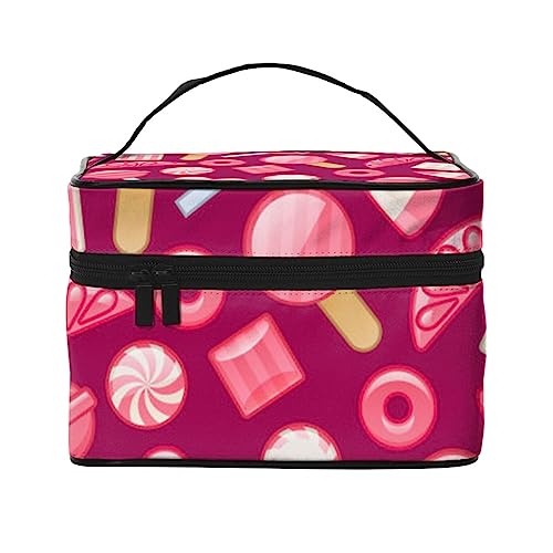HAICOM Make-up-Tasche, Organizer, große rosa Süßigkeiten-bedruckte Reise-Kosmetiktasche mit Reißverschluss für Frauen und Make-up-Künstler, tragbare quadratische Tasche, Pink Candy, Einheitsgröße von HAICOM