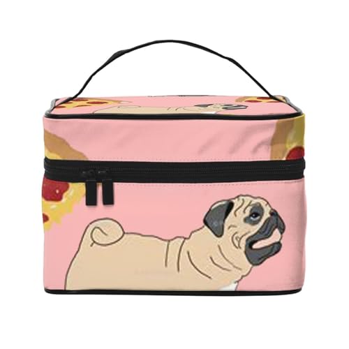 HAICOM Make-up-Tasche, Organizer, große schöne Ostereier, bedruckte Reise-Kosmetiktasche mit Reißverschluss für Frauen und Make-up-Künstler, tragbare quadratische Tasche, Mops Pizza Pink, von HAICOM