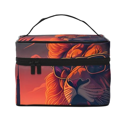 Make-up-Tasche, Organizer, groß, Sci-Fi-Planet, bedruckt, Reise-Kosmetiktasche mit Reißverschluss, für Damen und Make-up-Künstler, tragbare quadratische Tasche, Löwe mit Sonnenbrille, Einheitsgröße von HAICOM