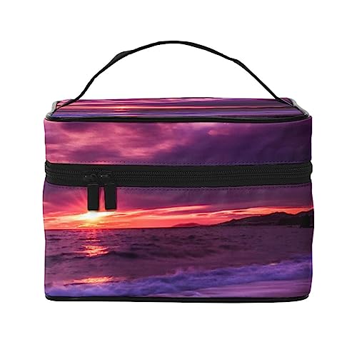 Make-up-Tasche, Organizer, groß, rosa Strand, Sonnenuntergang, bedruckt, Reise-Kosmetiktasche mit Reißverschluss, für Damen und Make-up-Künstler, tragbare quadratische Tasche, Pink Beach Sunset, von HAICOM