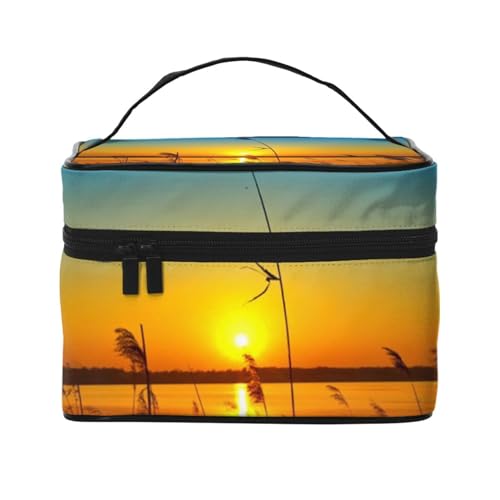 Make-up-Tasche, Organizer, groß, rosa Strand, Sonnenuntergang, bedruckt, Reise-Kosmetiktasche mit Reißverschluss, für Damen und Make-up-Künstler, tragbare quadratische Tasche, Schilf am Fluss, von HAICOM