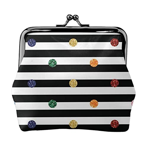 Niedliche Geldbörse mit Fuchs-Motiv, Leder, Münzbörse für Damen und Herren, persönliche kleine Münztasche, niedliches Münzfach mit Kussschloss, Regenbogen Polka Dot Stripe Schwarz und Weiß, von HAICOM