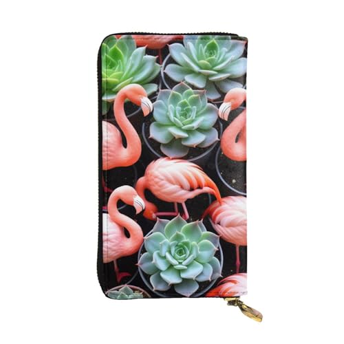 Weizenfeldleder-Geldbörse für Damen, niedliche Clutch-Geldbörse für Damen, minimalistisch, wasserdicht, Kartenhalter, Clutch-Tasche, Pink Flamingo Sukkulenten Pflanzen, Einheitsgröße von HAICOM