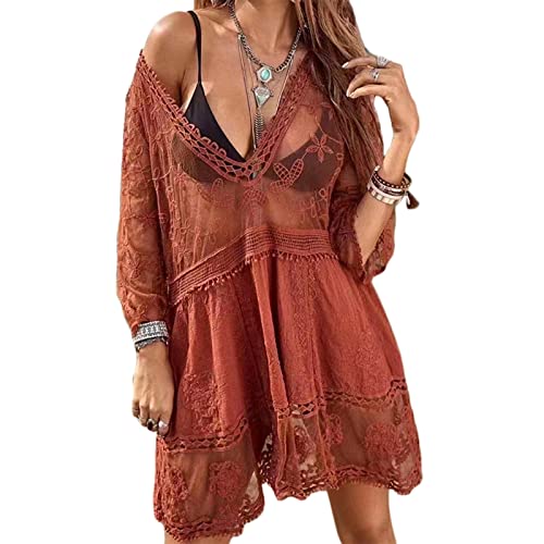 HAIGOU Damen Spitze Strandkleid V-Ausschnitt Badeanzug Strandkleid Transparent Strandponcho Bikini Cover-Ups von HAIGOU