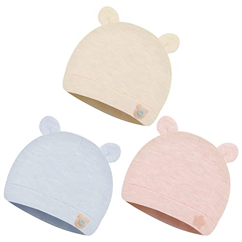 Unisex Baby Mütze Newborn Beanie Baumwolle Herbst Wintermütze für Baby Mädchen Jungen Säuglings Kleinkind Kinder 0-6 Monate 3 Stück (Runde Ohren) von HAIGOU