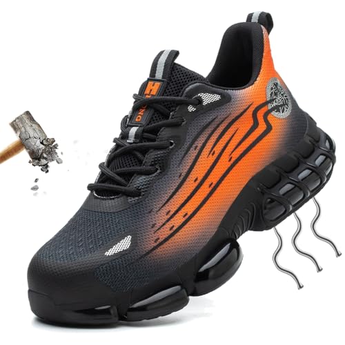 HAIMAYEE Sport Sicherheitsschuhe Herren 43 Arbeitsschuhe S3 mit Stahlkappe Sommer Arbeit Schuhe Männer Sicherheit Sneaker Kevlar Schutzschuhe Trekkingschuhe für Kinder Jungen Grau Orange von HAIMAYEE