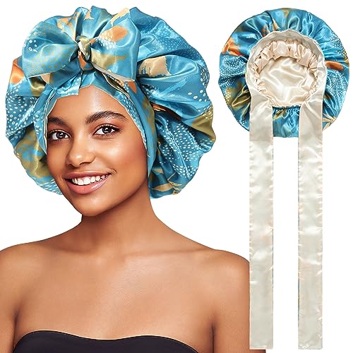HAIMEIKANG Satin-Schlafkappe, Seide, rutschfest, für Damen, Nachtmütze für langes/lockiges Haar, mit elastischem Bindeband (Seeblau + Champagner) von HAIMEIKANG