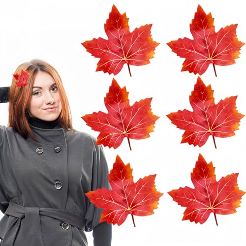 HAIMITI Ahornblatt-Haarspangen, 6 Stück, Herbst-Haar-Accessoires für Damen und Mädchen, orange-rote Blätter, Krokodil-Haarspangen, elegante Thanksgiving-Haarnadeln für den Herbst von HAIMITI