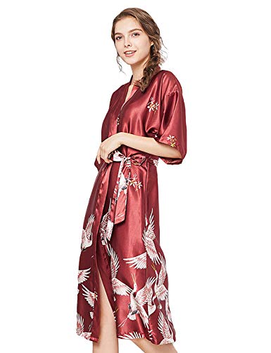 ZAPZEAL Damen Seide Morgenmantel Bademantel Elegant Langarm Nachtkleid V Ausschnitt Sleepwear Nachtwäsche, Rot, 2XL(EU)-MarkeGröße:3XL-Länge 124cm von ZAPZEAL