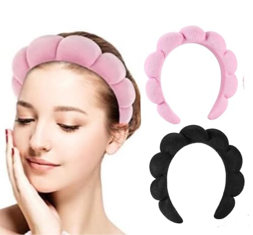 HAIR WALA™ Spa-Stirnbänder zum Waschen von Gesicht, Make-up, Stirnbänder mit Schleife, Haarband, für Damen, Gesichts-Stirnband, Handgelenk, Handtuch, Wraps für Dusche, Gesichtsmaske, Schwarz und Rosa von HAIR WALA