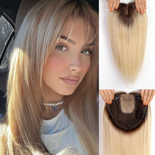 HAIRCUBE 16 Zoll Haarteile für Frauen aus echtem menschlichem Haar, 7 * 8 Zoll große Basis, mit Pony, Haarteile für Frauen bei Haarausfall oder dünnem Haar (Ombre Hellblond) von HAIRCUBE