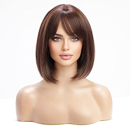 HAIRCUBE Braune Bob-Perücken für Damen mit Strähnchen, Schulterlange Kunsthaarperücke mit Fransen von HAIRCUBE