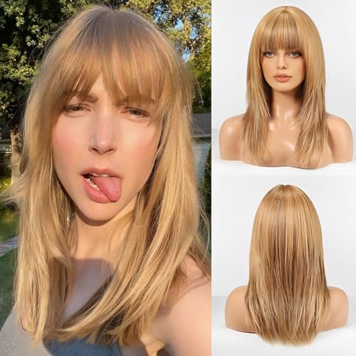 HAIRCUBE Damen Perücke Gerade Perücken für Dame Schulterlang Blond Perücke Synthetische Perücken mit Bangs Täglich Cosplay von HAIRCUBE