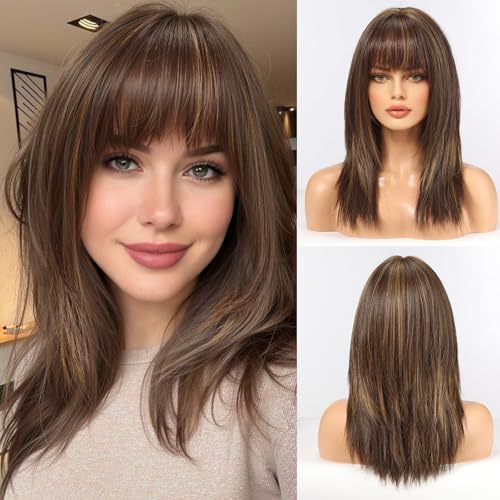 HAIRCUBE Damen Perücke Gerade Perücken für Dame Schulterlang Braun Perücke Synthetische Perücken mit Bangs Täglich Cosplay von HAIRCUBE