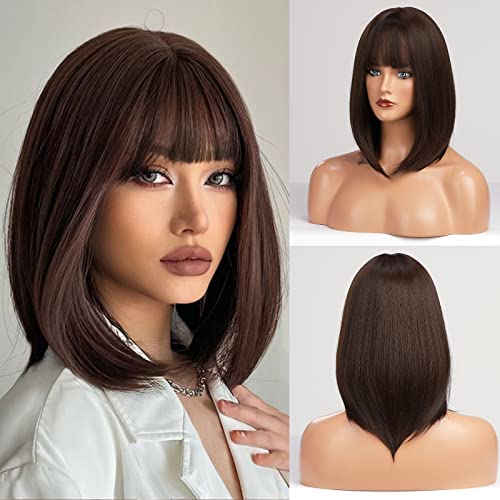 HAIRCUBE Gerade Kurze Charmante Bob mit Bangs Perücken für Frau Natur Hitzebeständige Synthetische Faser Party/Cosplay/Kostüm/Tägliche Perücke (Dunkelbraun) von HAIRCUBE
