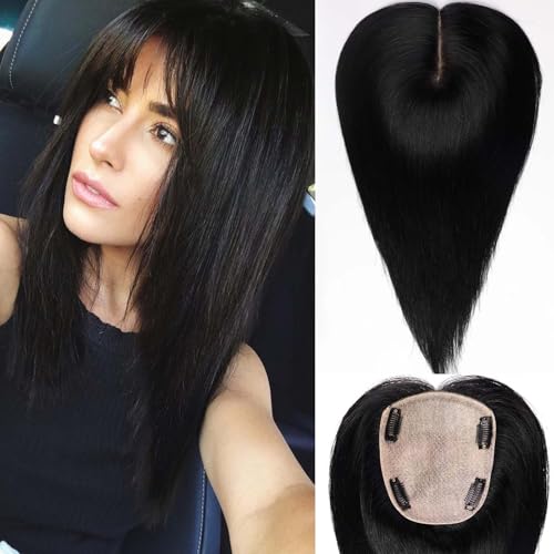 HAIRCUBE Haar-Topper 5"*5.5" Basis Haar-Topper für Frauen,14 Zoll natürlich schwarz,100% echtes menschliches Haar-Topper mit Pony für Frauen mit dünner werdendem Haar oder grauen Haaransätzen von HAIRCUBE