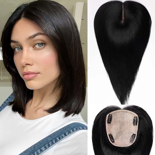 HAIRCUBE Haar-Topper 5"*5.5" Basis Haar-Topper für Frauen,14 Zoll natürlich schwarz,100% echtes menschliches Haar-Topper ohne Pony für Frauen mit dünner werdendem Haar oder grauen Haaransätzen von HAIRCUBE
