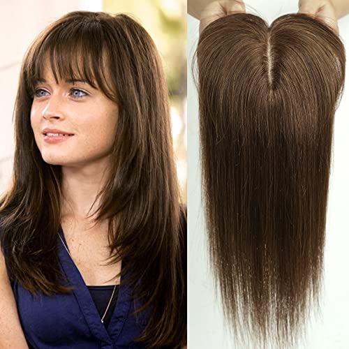 HAIRCUBE Haartopper echtes Menschenhaar für Frauen Dunkelbrauner Haartopper mit Pony 120% Dichte Seide Basisclip in Topper 14 Zoll 40 Gramm von HAIRCUBE